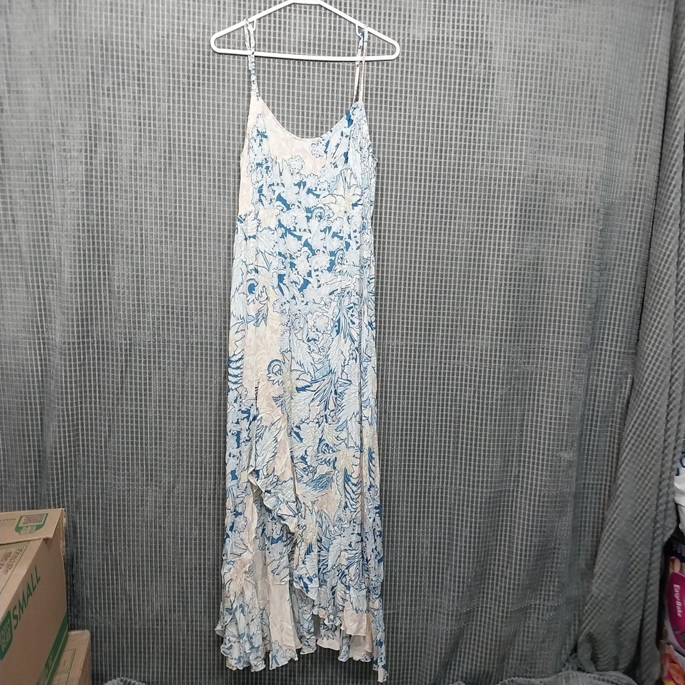 Free People Maxi Dress Womens Floral Ruffle High Low L Blue Cream Intimately